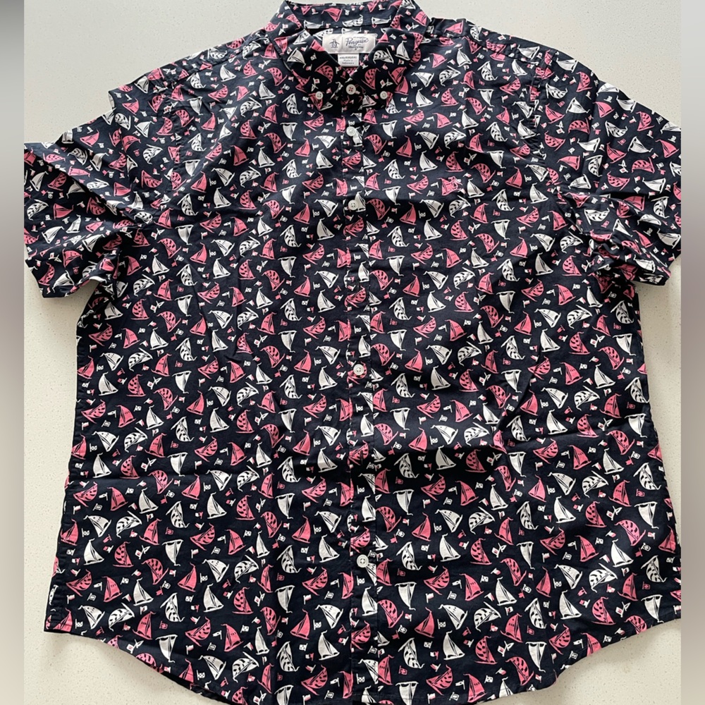 Original Penguin Navy Shirt with Pink and White Sailboat Print